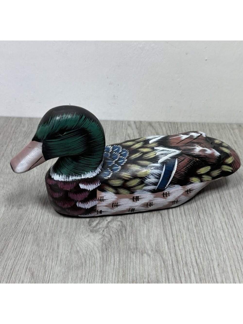 Hand Carved Wooden Mallard Duck Figurine Painted 9.5" Long
